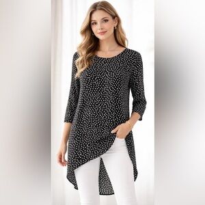 Libero Milano Polka Dot Long Sleeve Tunic Top Womens Hi-Lo Black & White Large
